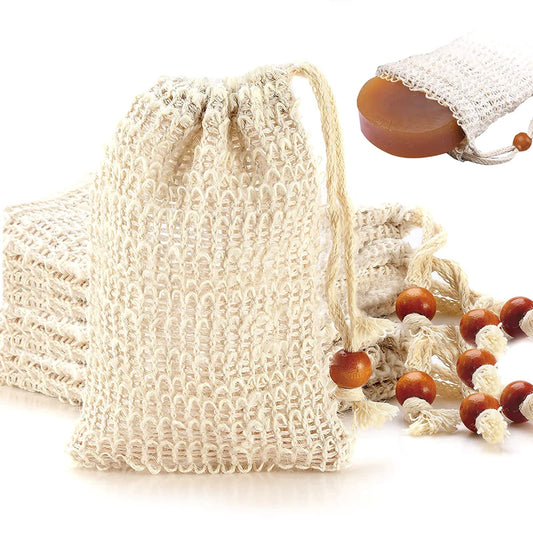AMAHOMESA front packaging showing eight natural sisal soap bags and eco benefits