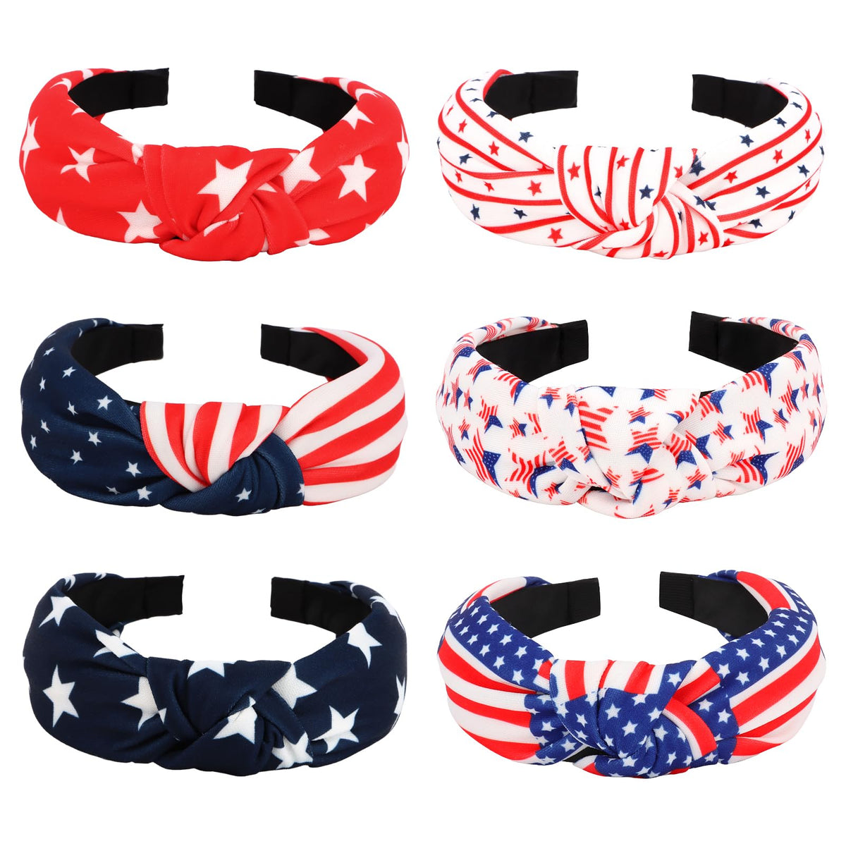 Amariver front view of the six patriotic headbands showing variety and celebration