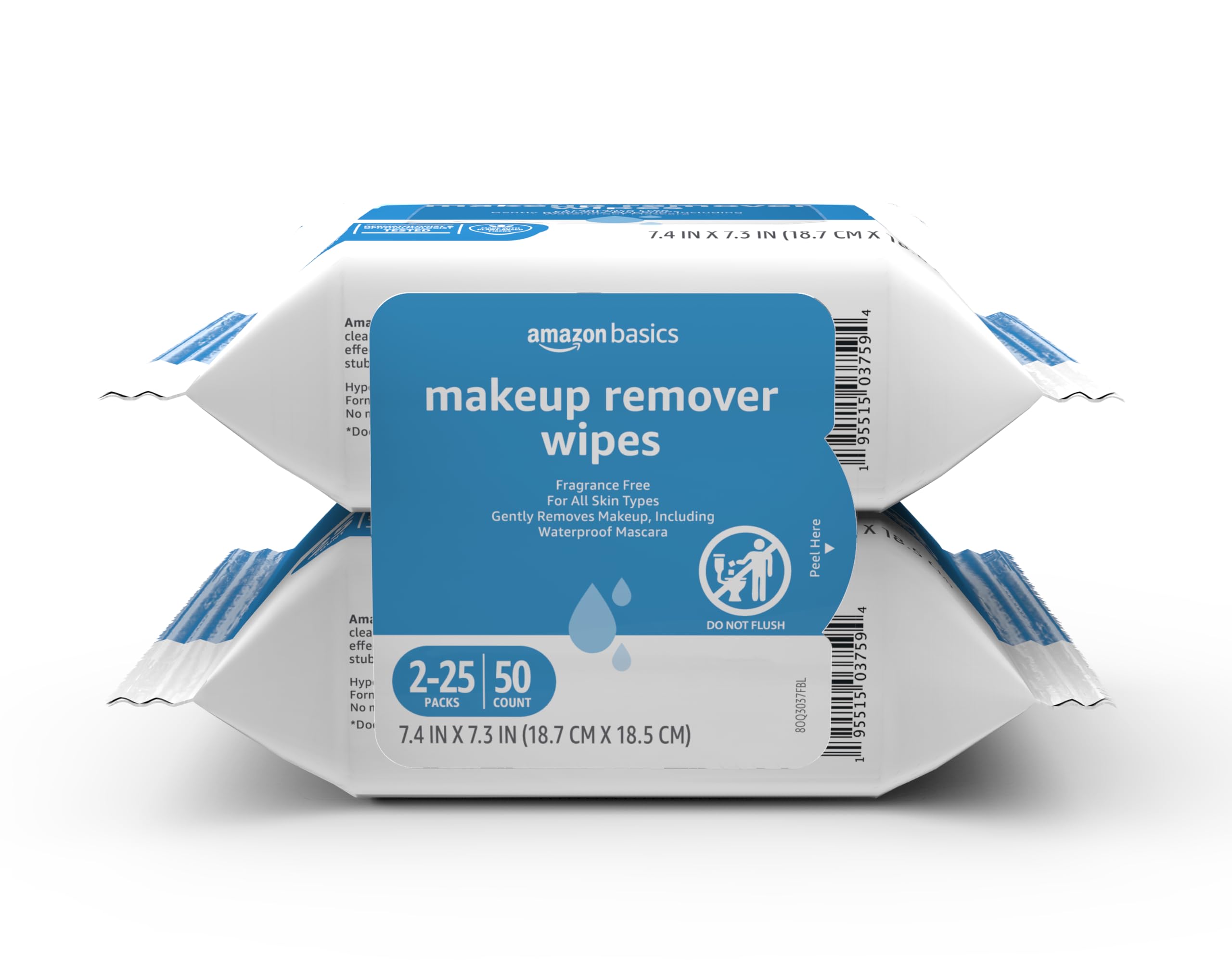 Amazon Basics front packaging showing two resealable 25-count packs, convenient for travel