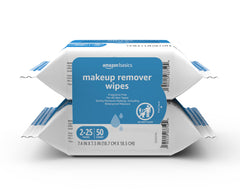 Amazon Basics front packaging showing two resealable 25-count packs, convenient for travel