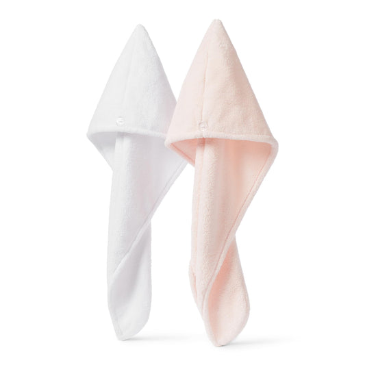 Amazon Basics towel wrap front view showing both white and pink colors and quick-dry benefit