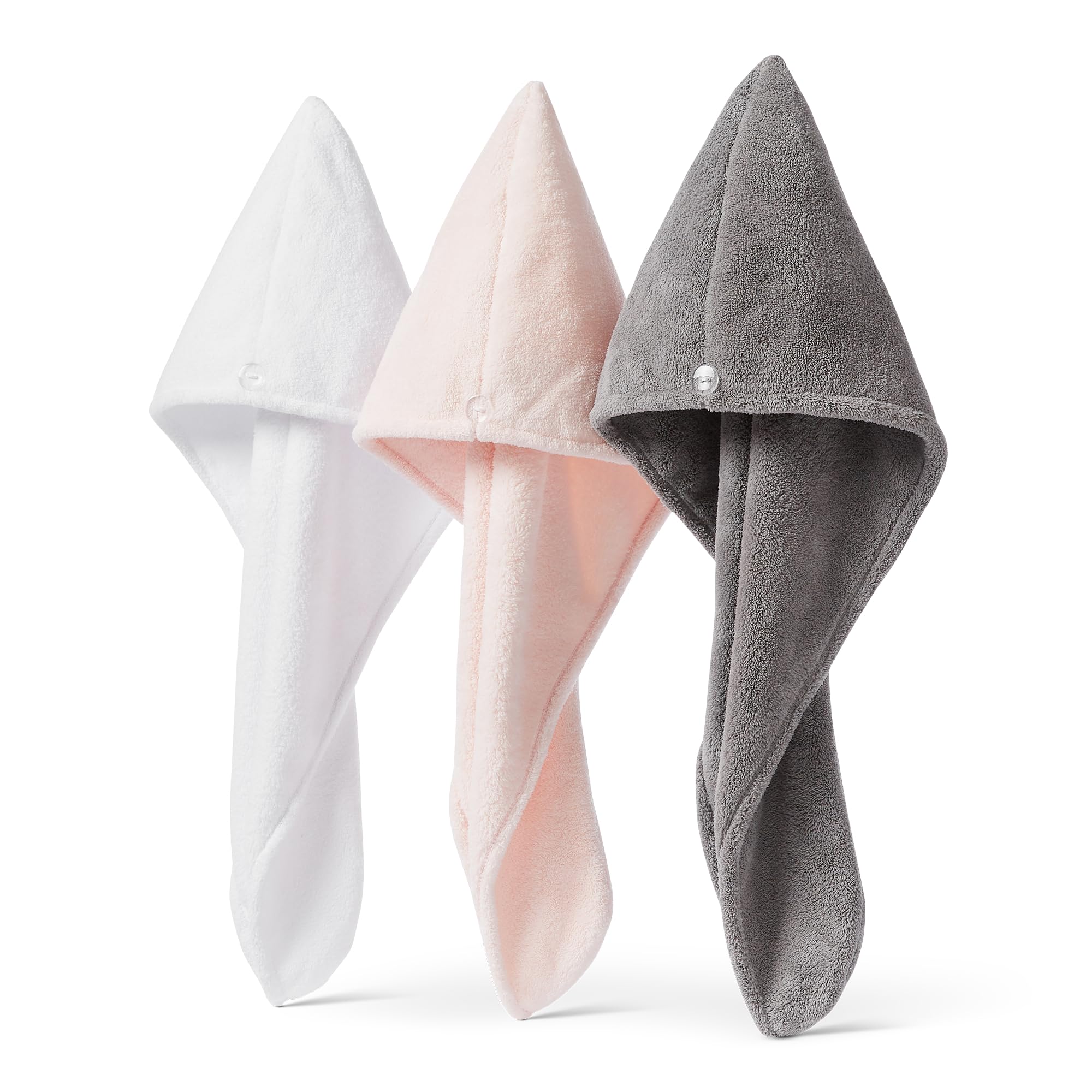 Amazon Basics towel wrap front view showing three colors and quick-dry benefit