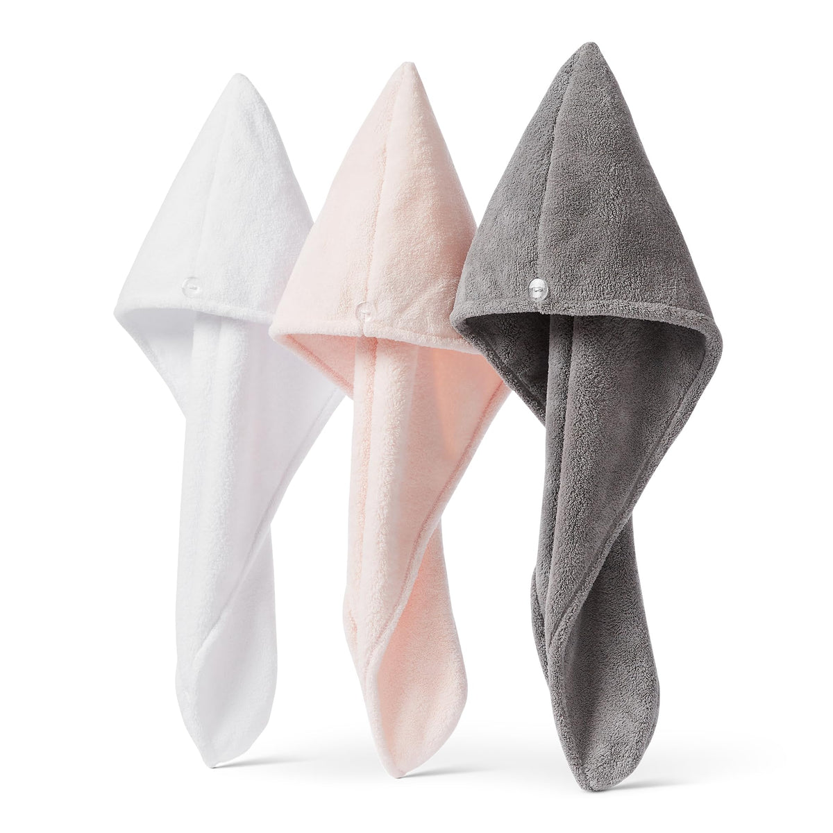 Amazon Basics towel wrap front view showing three colors and quick-dry benefit