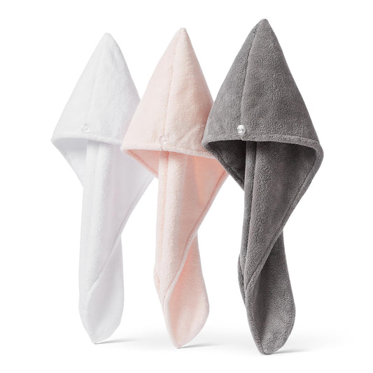 Amazon Basics towel wrap front view showing three colors and quick-dry benefit