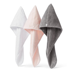 Amazon Basics towel wrap front view showing three colors and quick-dry benefit