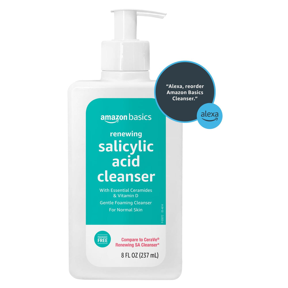 Amazon Basics bottle on bathroom vanity suggesting daily skincare routine