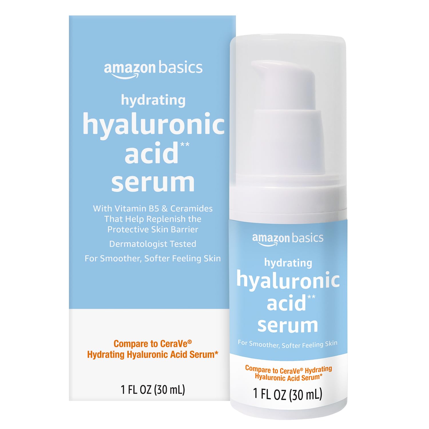 Amazon Basics serum front label showing product name and bottle benefits