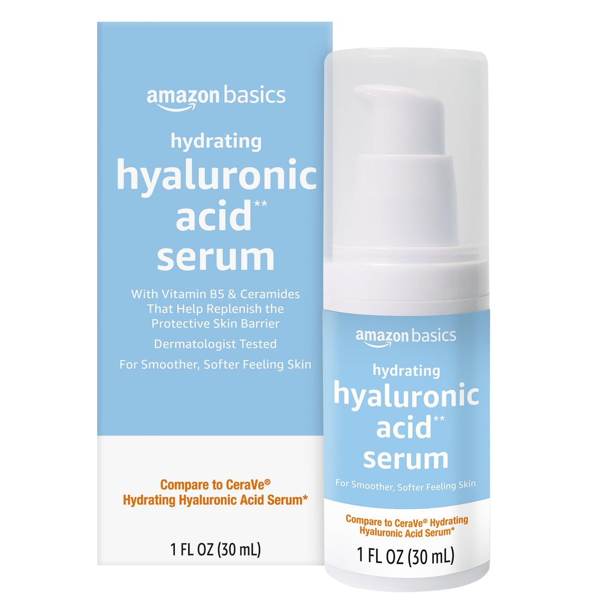 Amazon Basics serum front label showing product name and bottle benefits