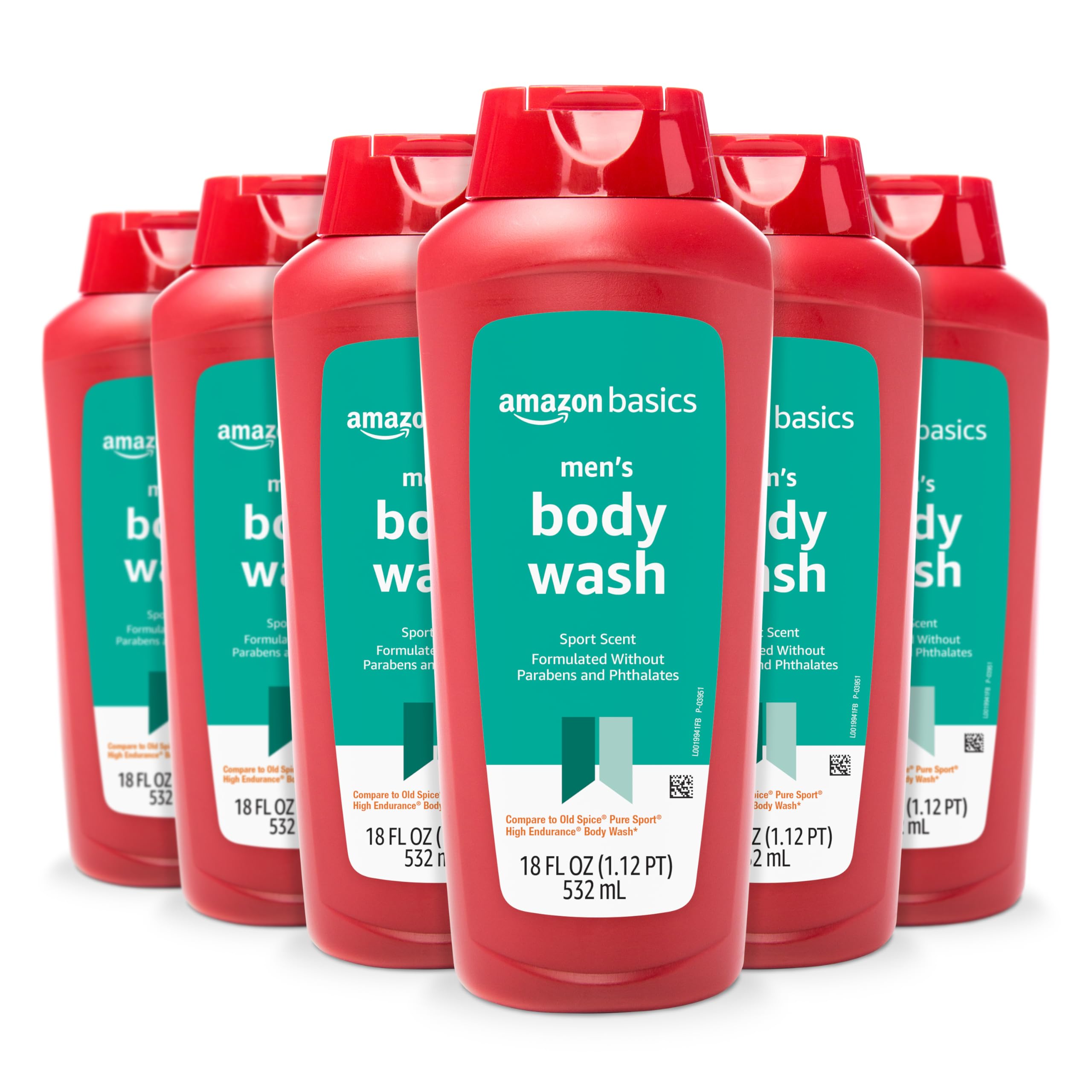 Amazon Basics front packaging showing six sport-scent bottles and value benefit