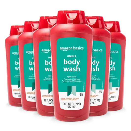 Amazon Basics front packaging showing six sport-scent bottles and value benefit