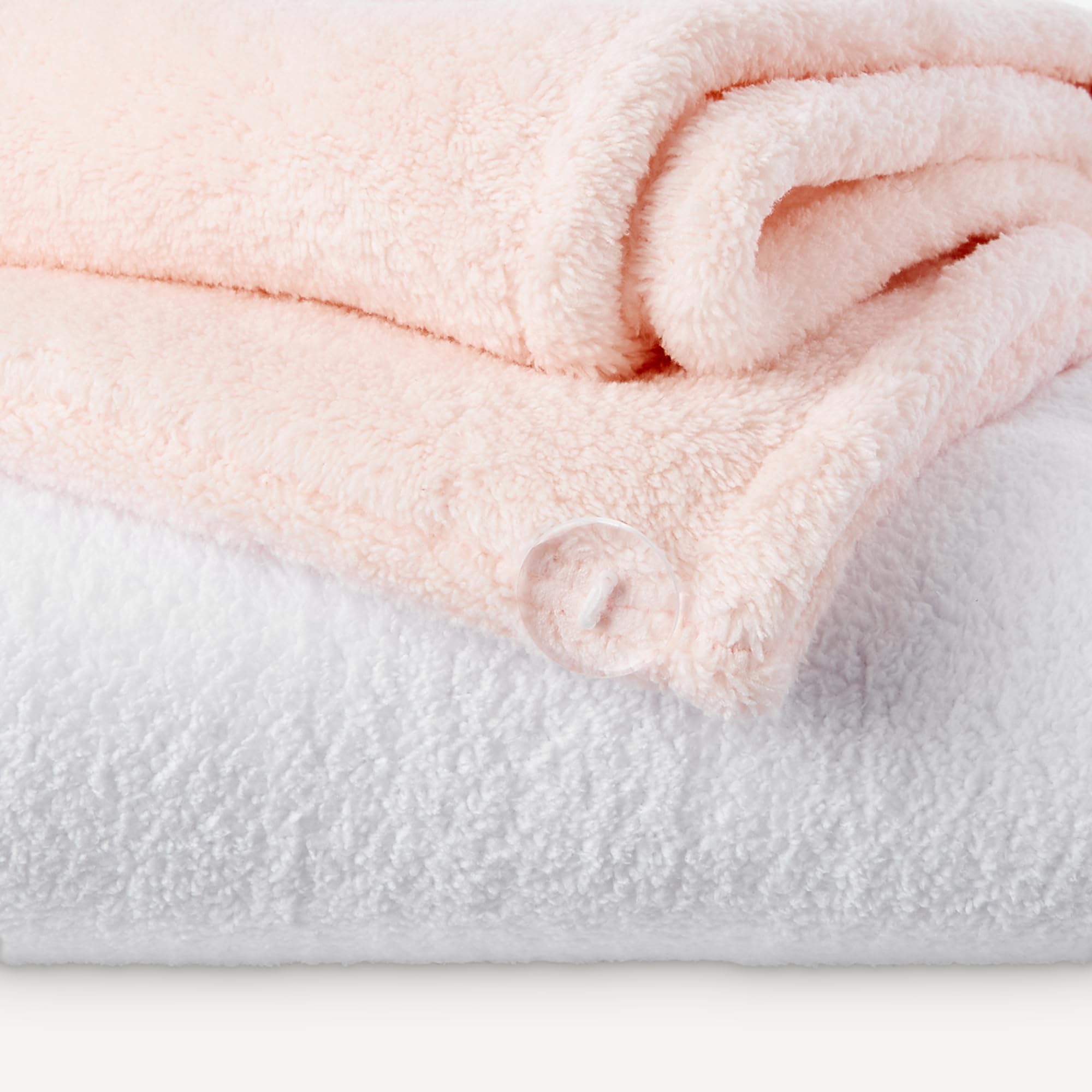 Amazon Basics towel wrap worn on head in bathroom showing hands-free drying convenience