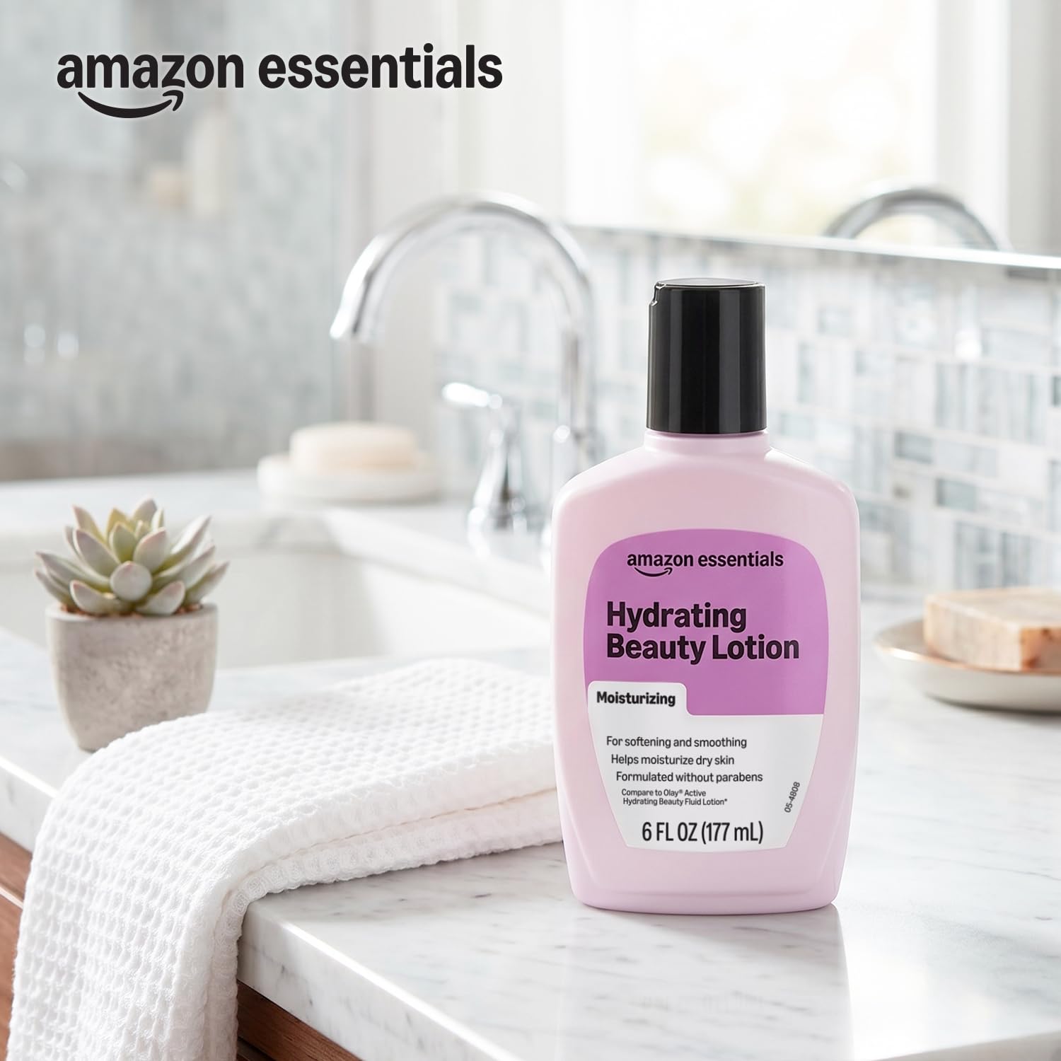 Amazon Essentials bottle on bathroom shelf conveying daily routine convenience