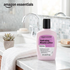 Amazon Essentials bottle on bathroom shelf conveying daily routine convenience