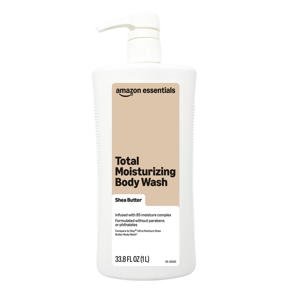Amazon Essentials front bottle view showing size and moisturizing benefits