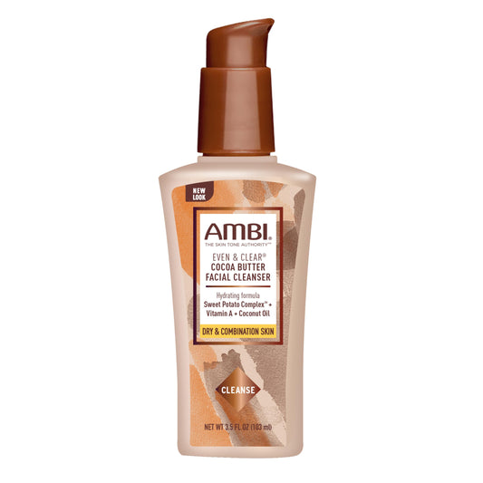 Ambi cocoa butter cleanser front bottle shows packaging and hydrating benefit