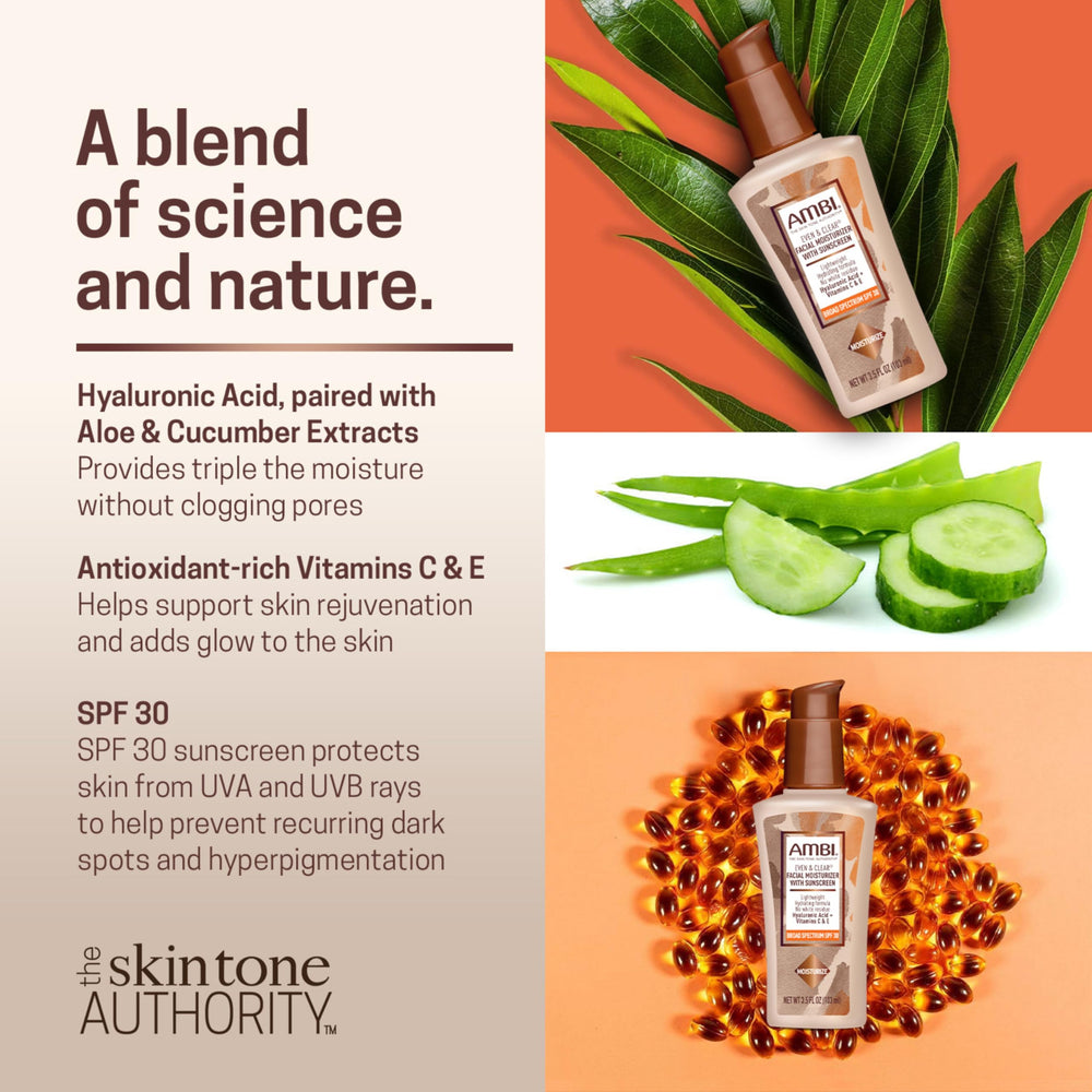 Ambi product label highlighting SPF 30, hyaluronic acid, vitamins