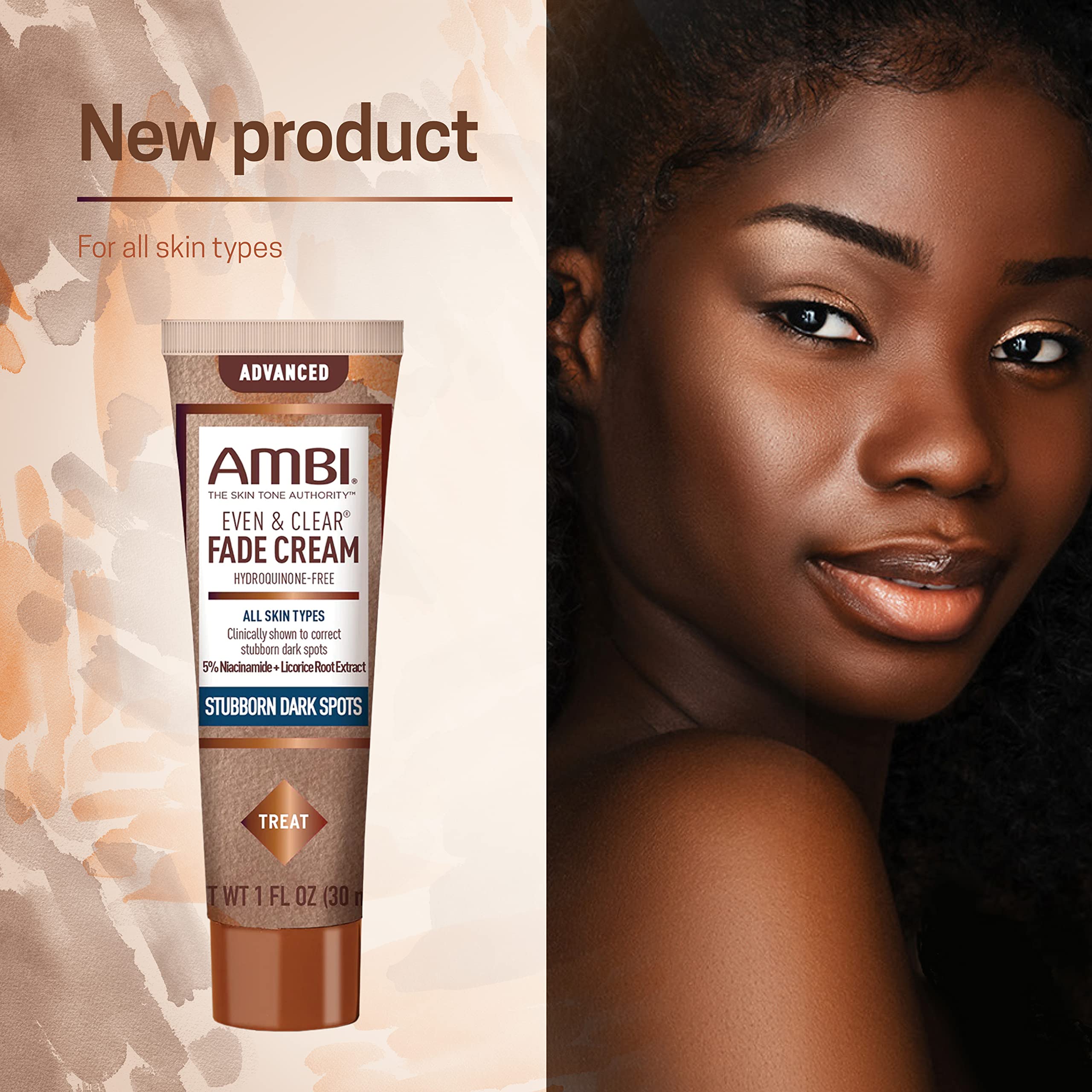 Ambi before and after comparison illustrating reduced dark spots and more even tone