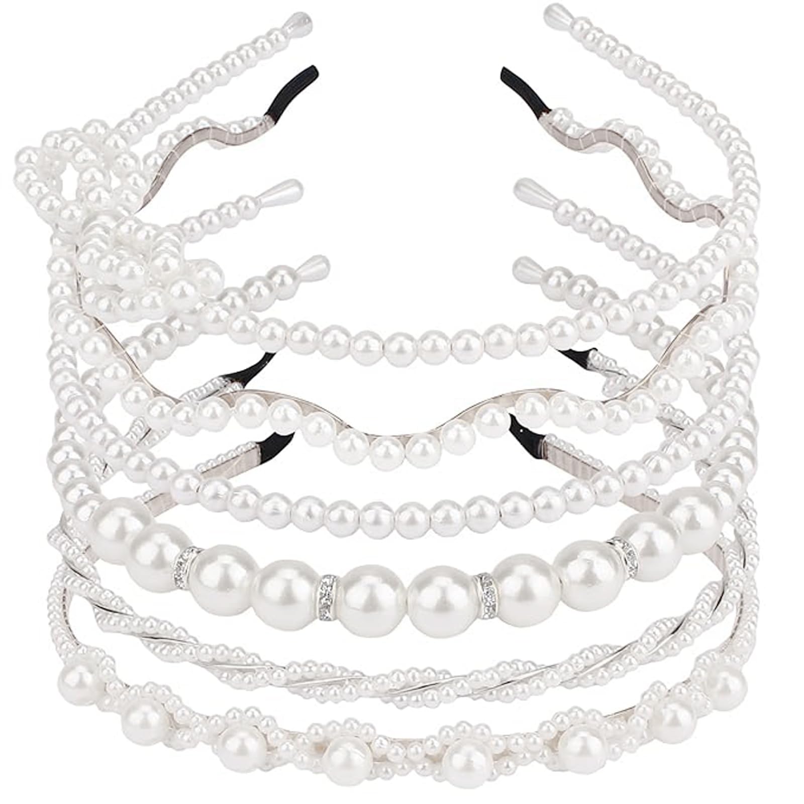 AMCAMI front view of six pearl headbands showing variety and elegance