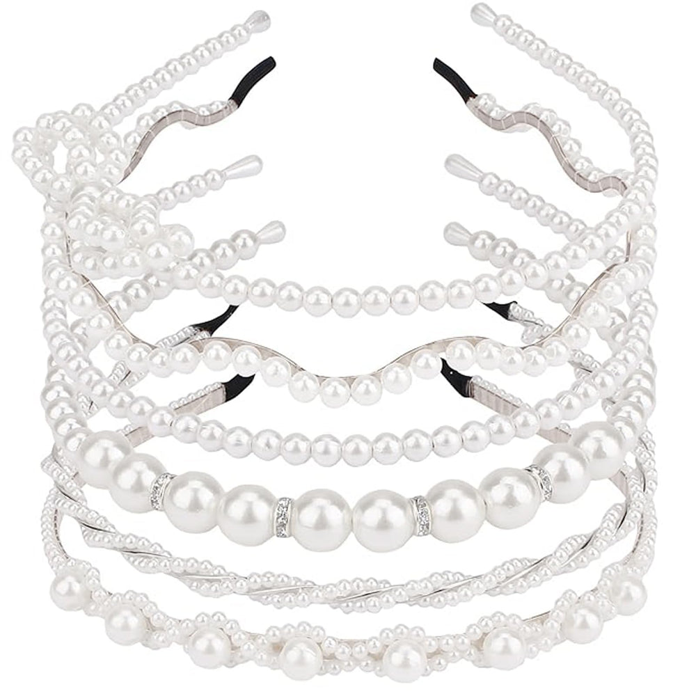 AMCAMI front view of six pearl headbands showing variety and elegance