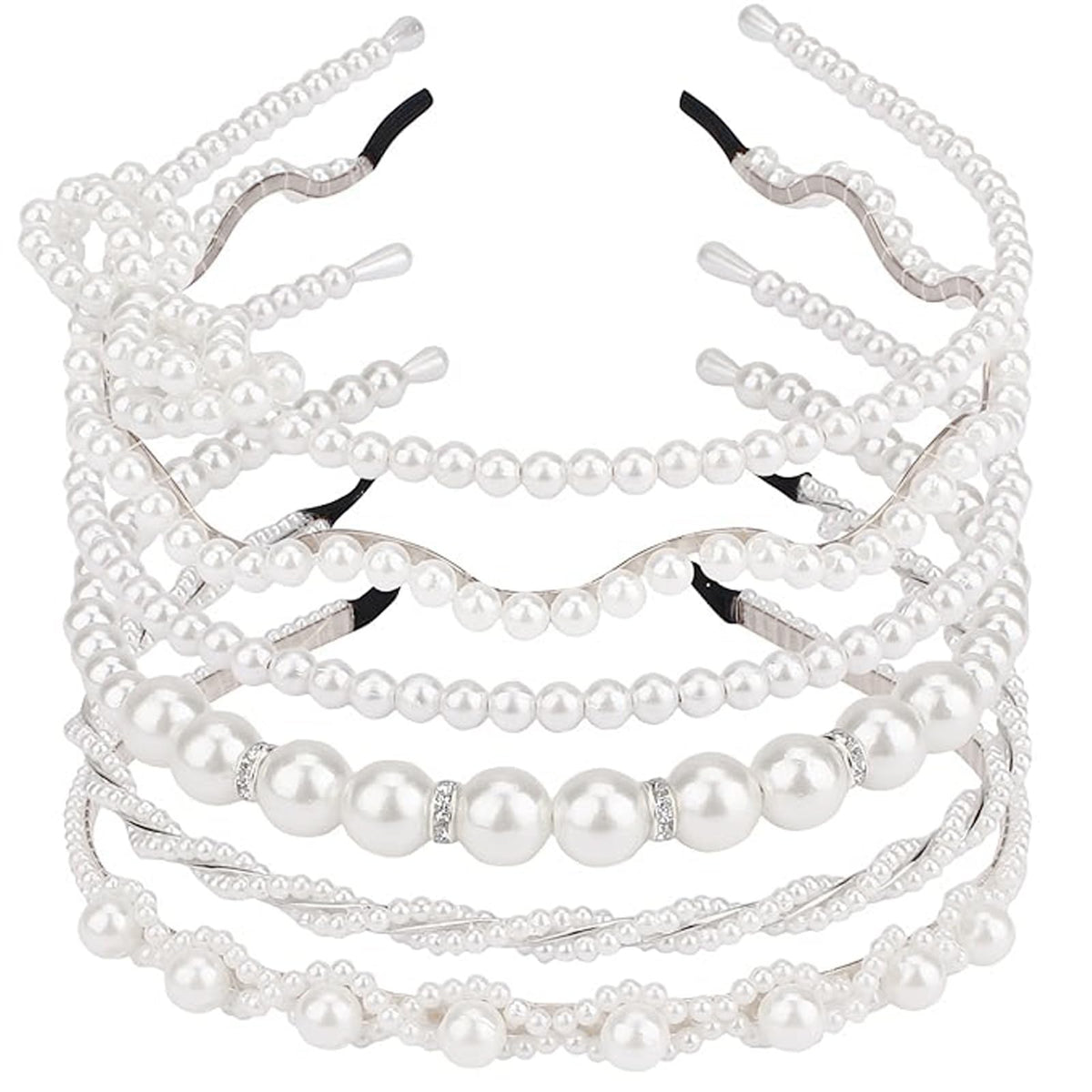 AMCAMI front view of six pearl headbands showing variety and elegance