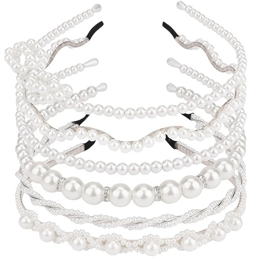 AMCAMI front view of six pearl headbands showing variety and elegance