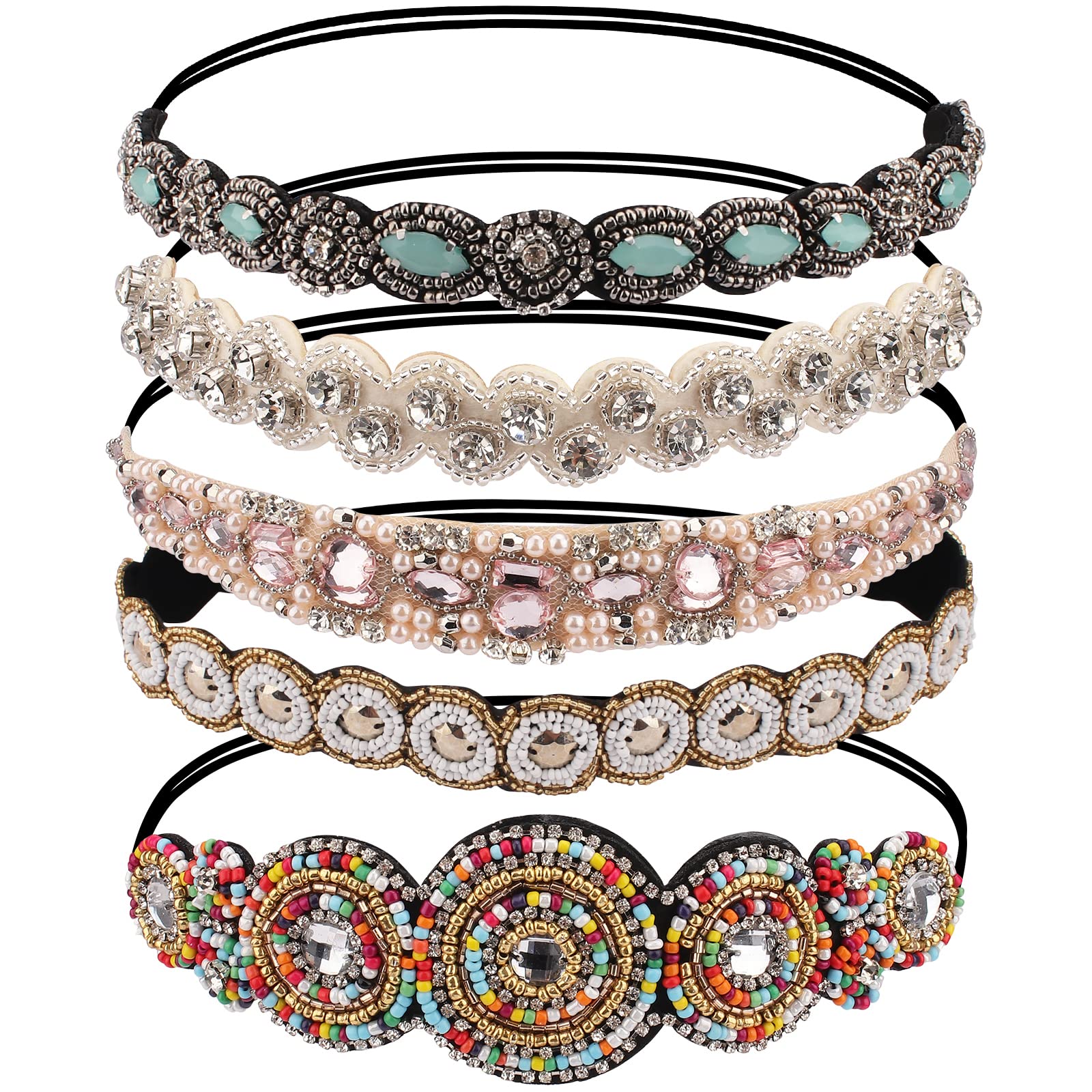 AMCAMI front view of five beaded headbands showing variety and sparkle
