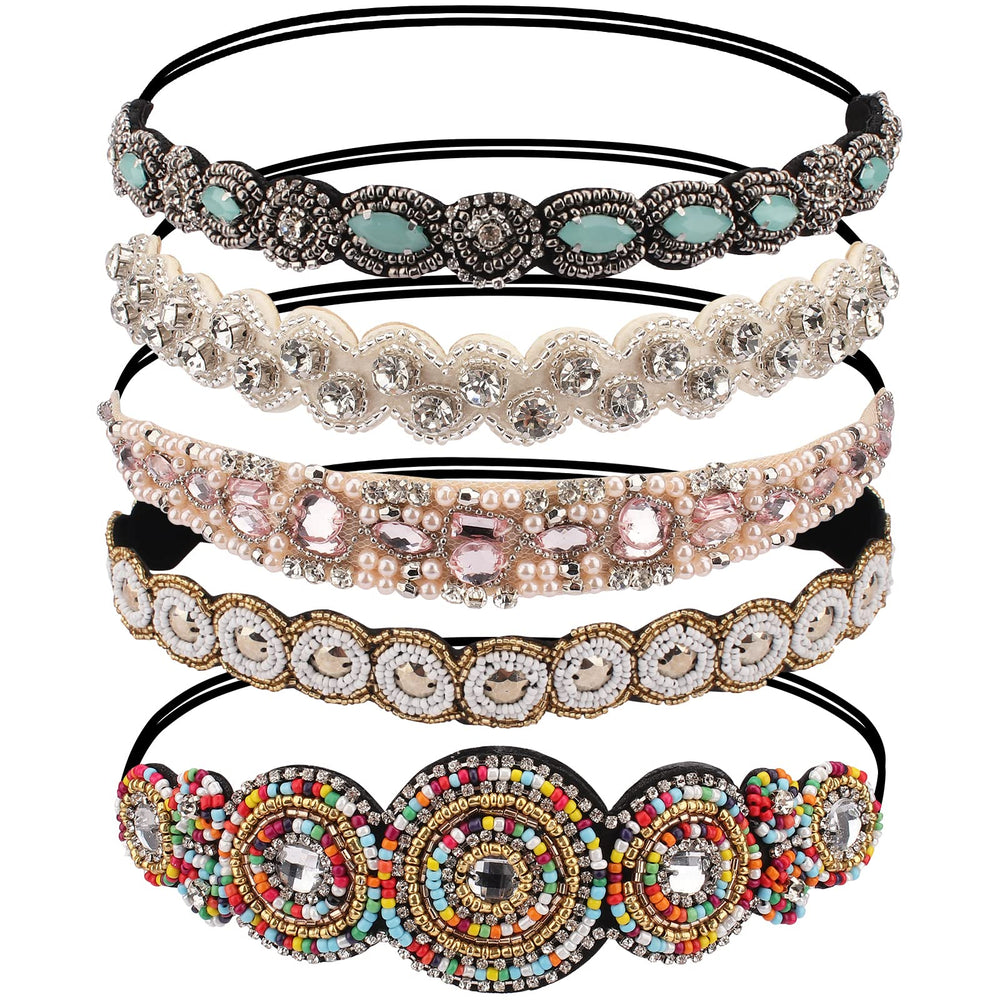 AMCAMI front view of five beaded headbands showing variety and sparkle