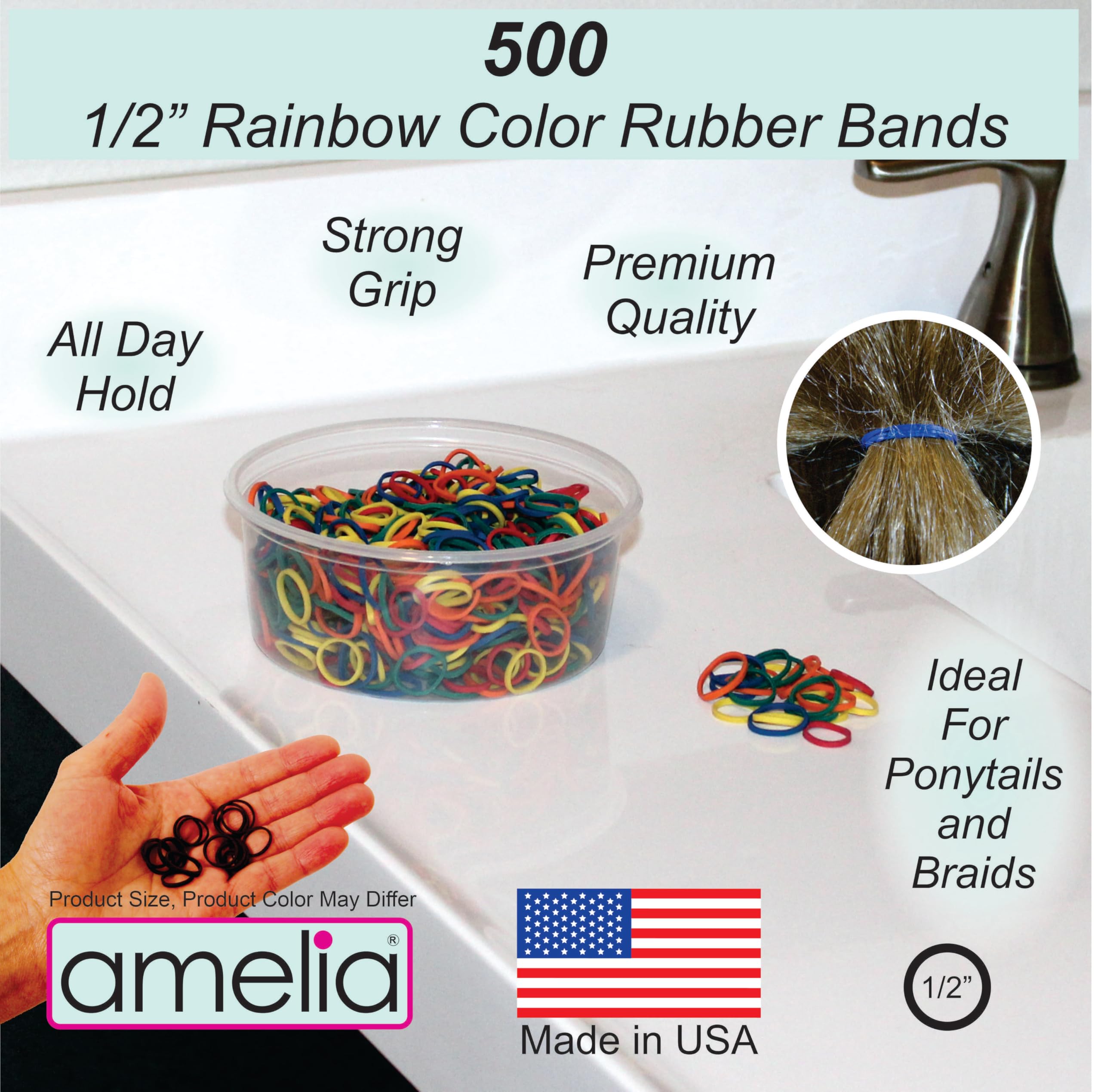 Amelia Beauty container top open with organized mini elastics for quick access