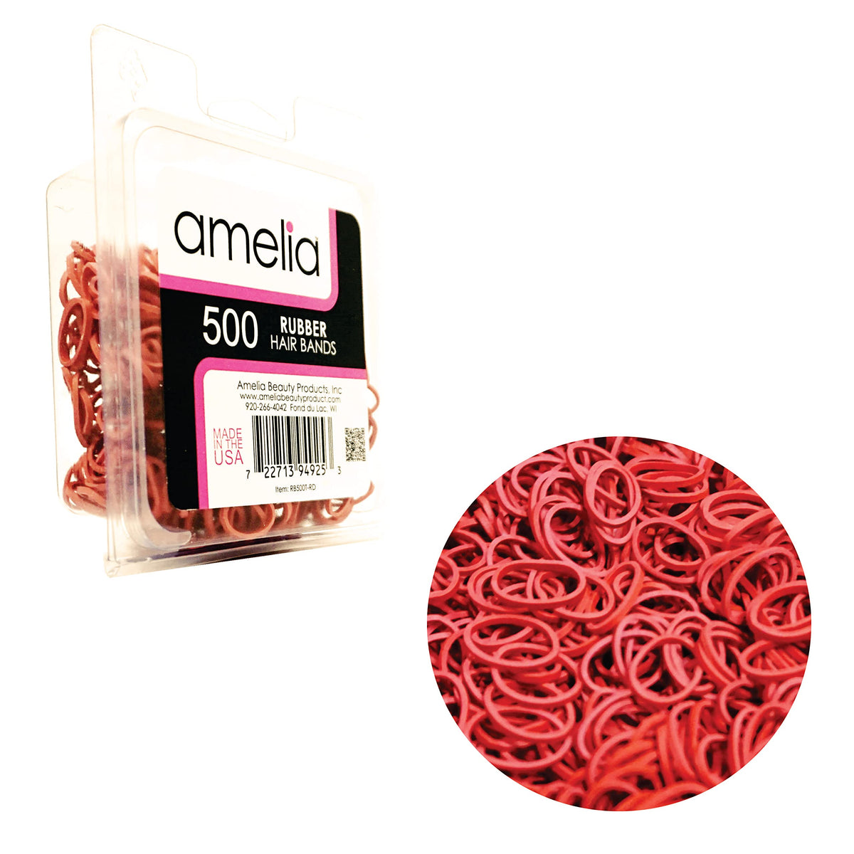 Amelia Beauty front packaging showing 500 red mini bands and resealable container for organization