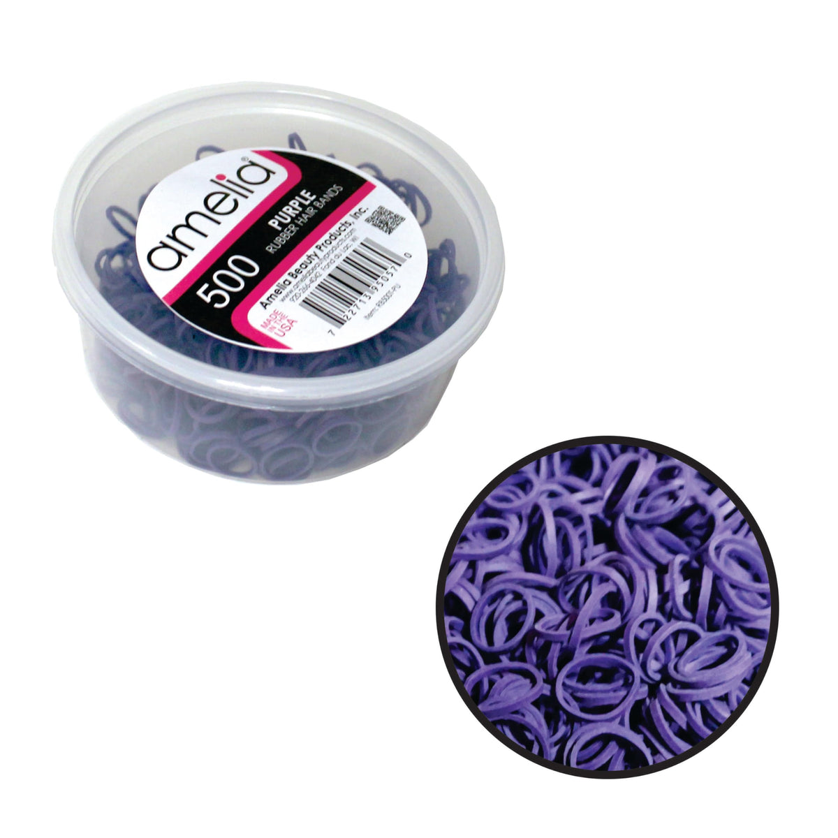 Amelia Beauty front packaging shows 500 purple bands and organized container benefit