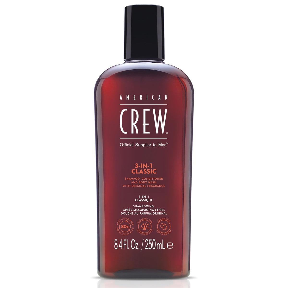 American Crew front packaging showing 3-in-1 bottle and travel-ready size benefit