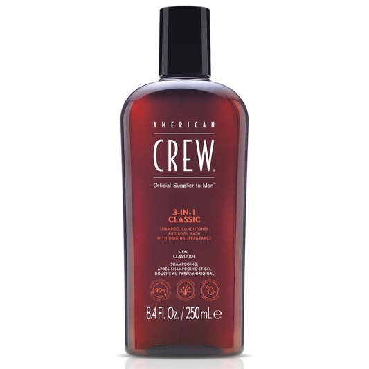 American Crew front packaging showing 3-in-1 bottle and travel-ready size benefit
