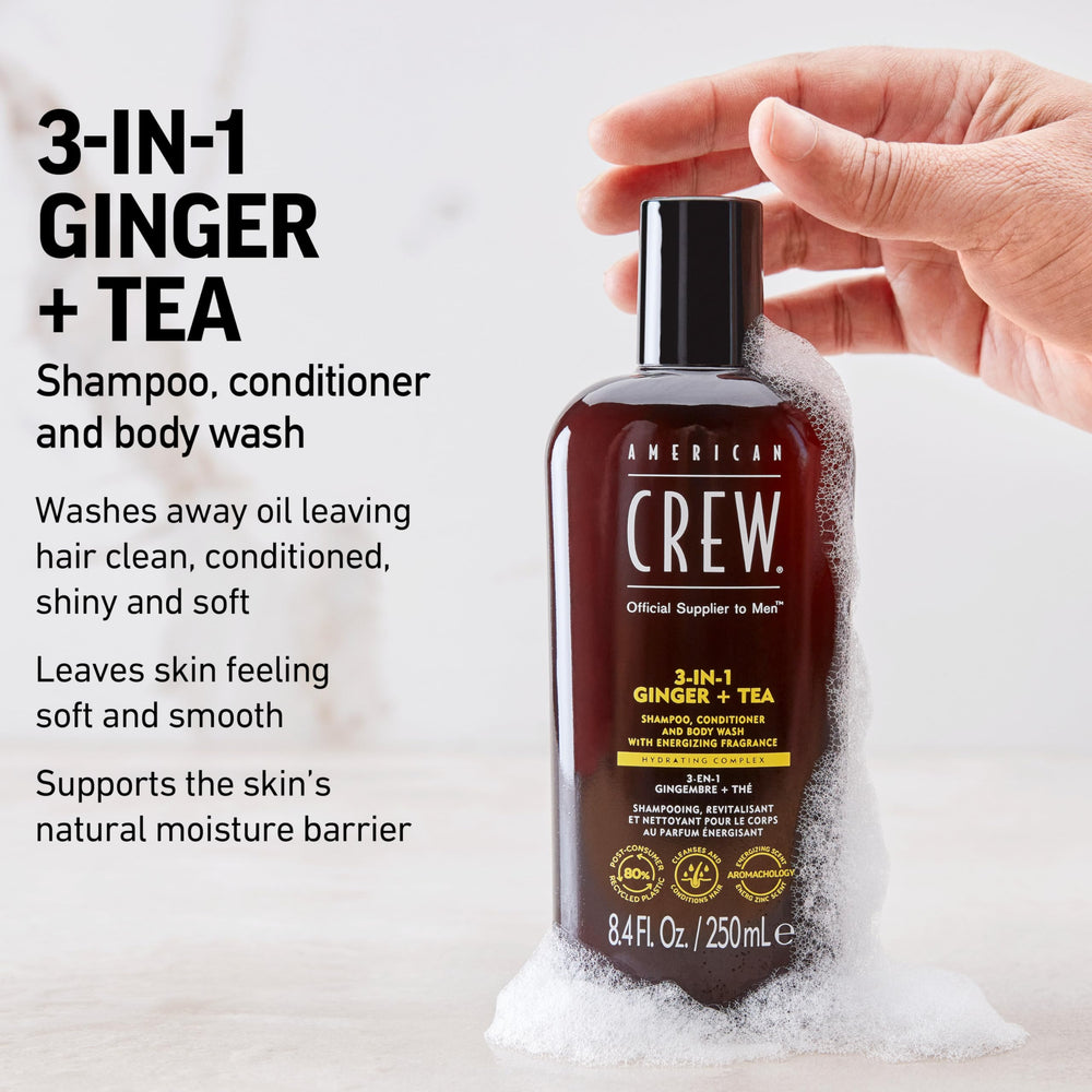 AMERICAN CREW bottle dispensing lather to show easy application benefit