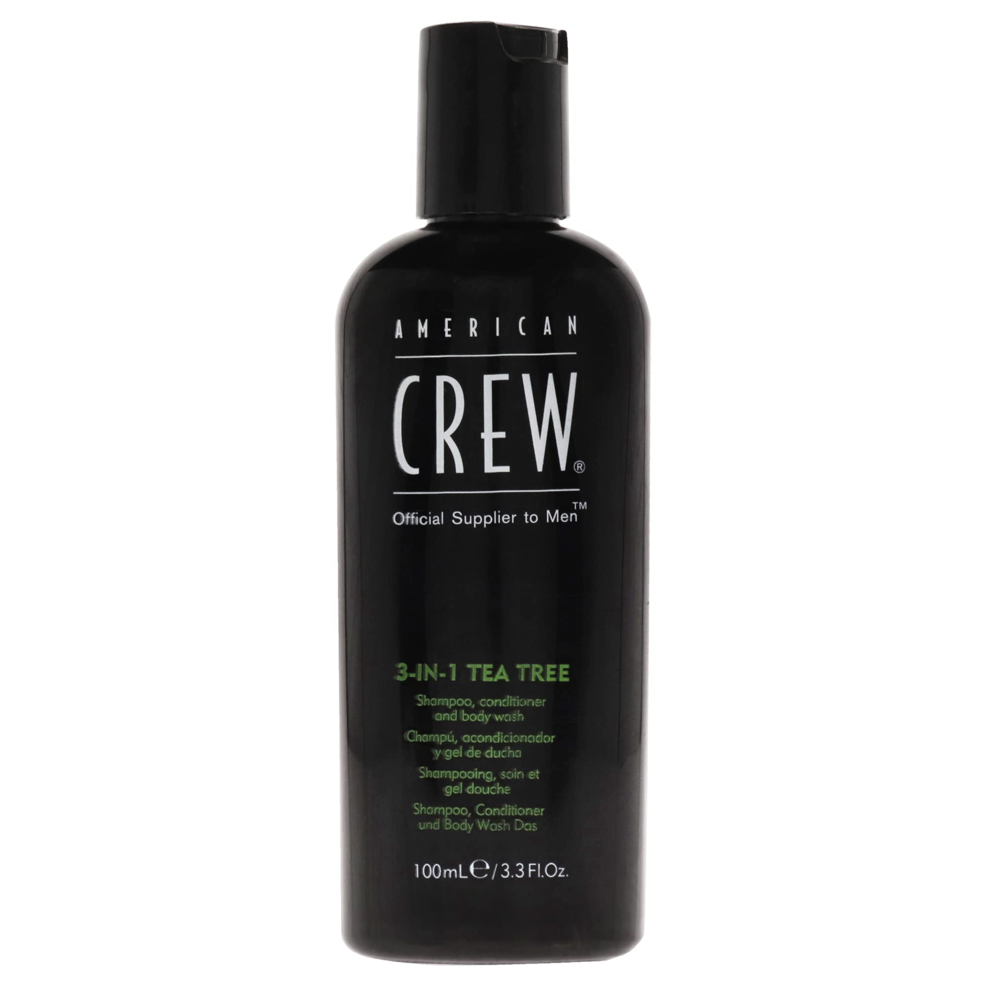American Crew front packaging showing 3-in-1 tea tree bottle and travel size convenience