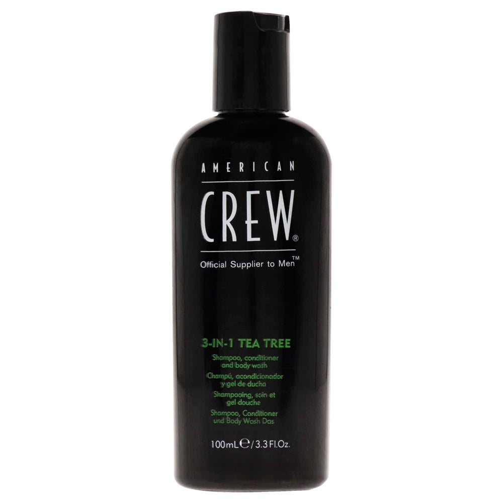 American Crew front packaging showing 3-in-1 tea tree bottle and travel size convenience