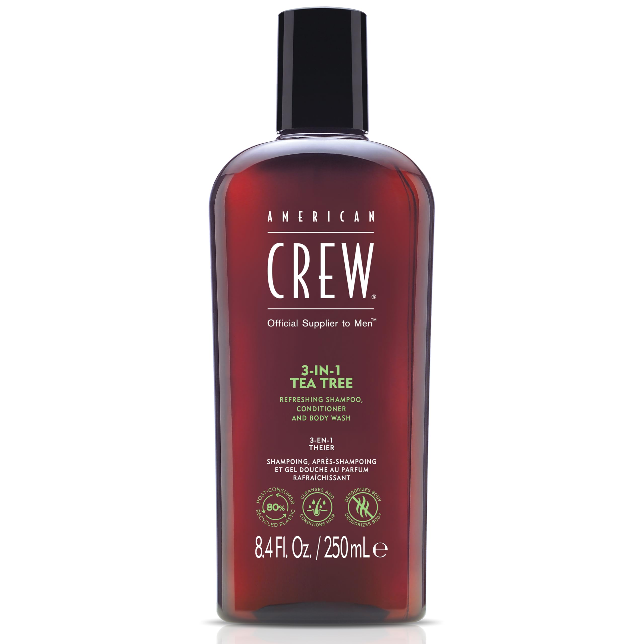 American Crew front packaging showing 3-in-1 bottle and tea tree scent benefit freshening