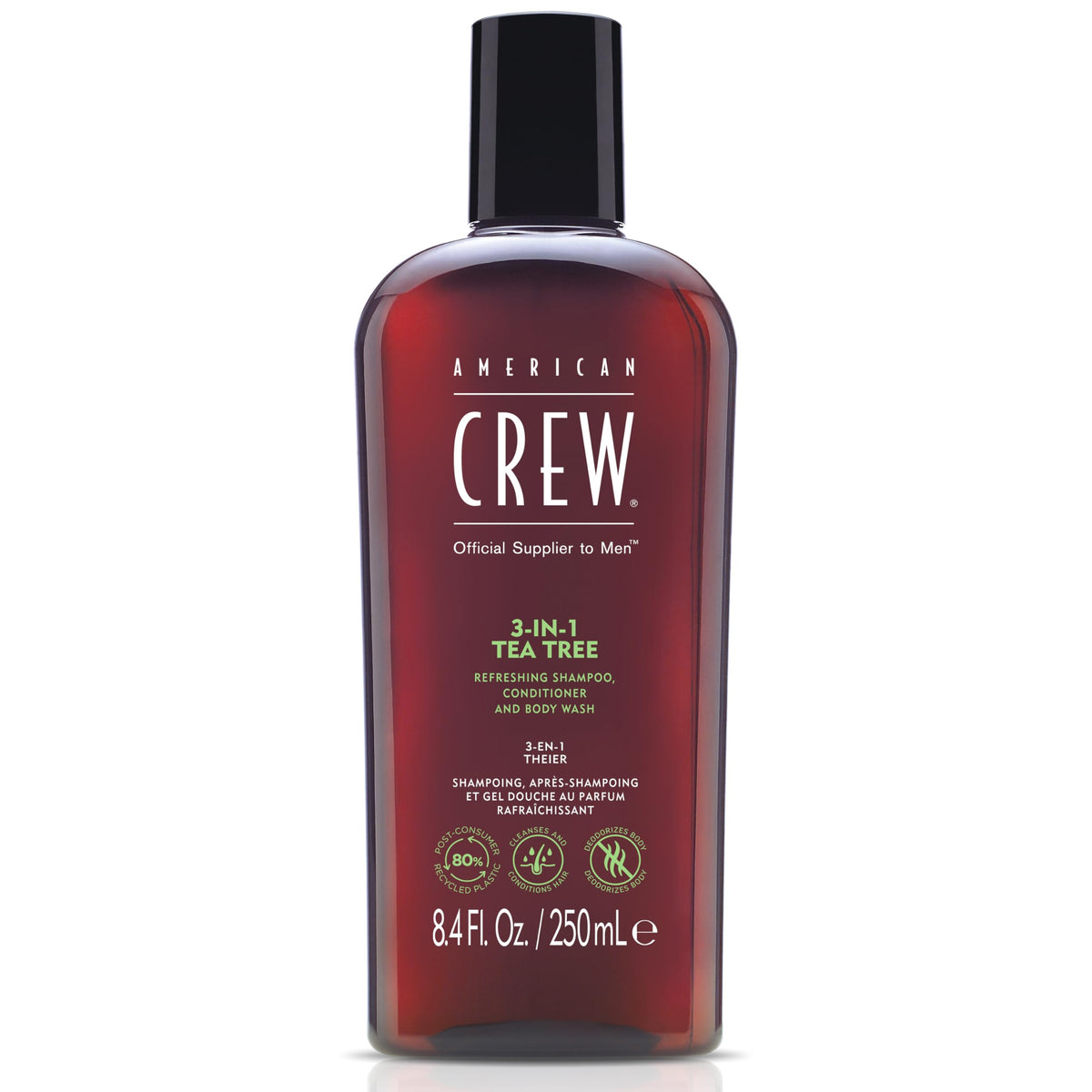 American Crew front packaging showing 3-in-1 bottle and tea tree scent benefit freshening