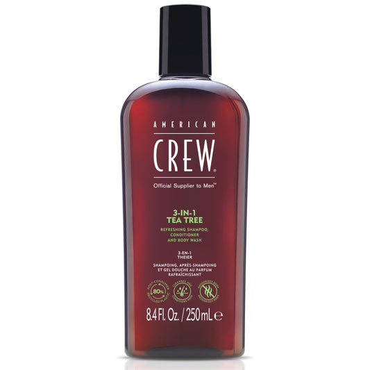 American Crew front packaging showing 3-in-1 bottle and tea tree scent benefit freshening