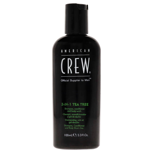 American Crew front packaging showing 3-in-1 tea tree bottle and travel size convenience