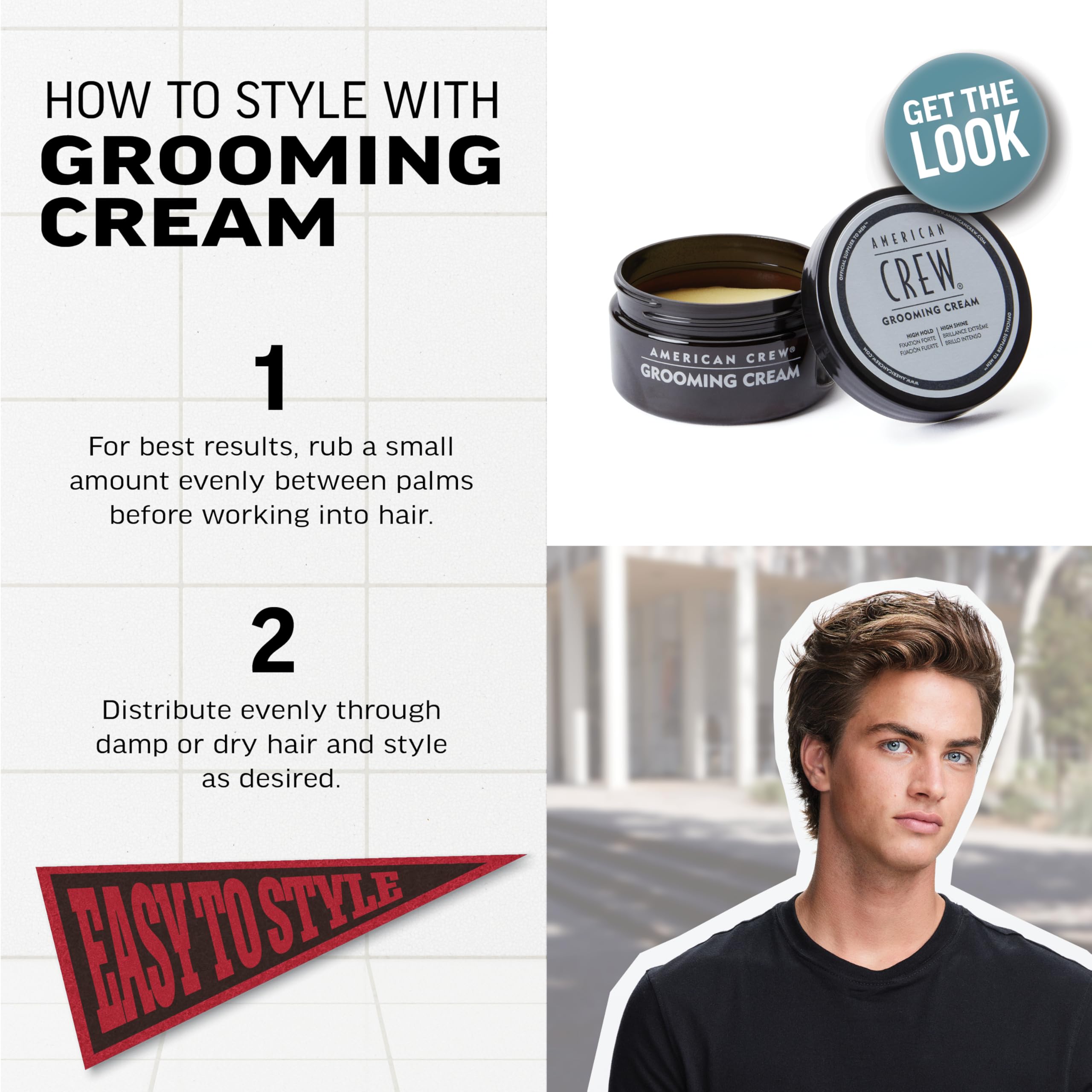 american crew styled hair with side part showing high shine and structured hold benefit