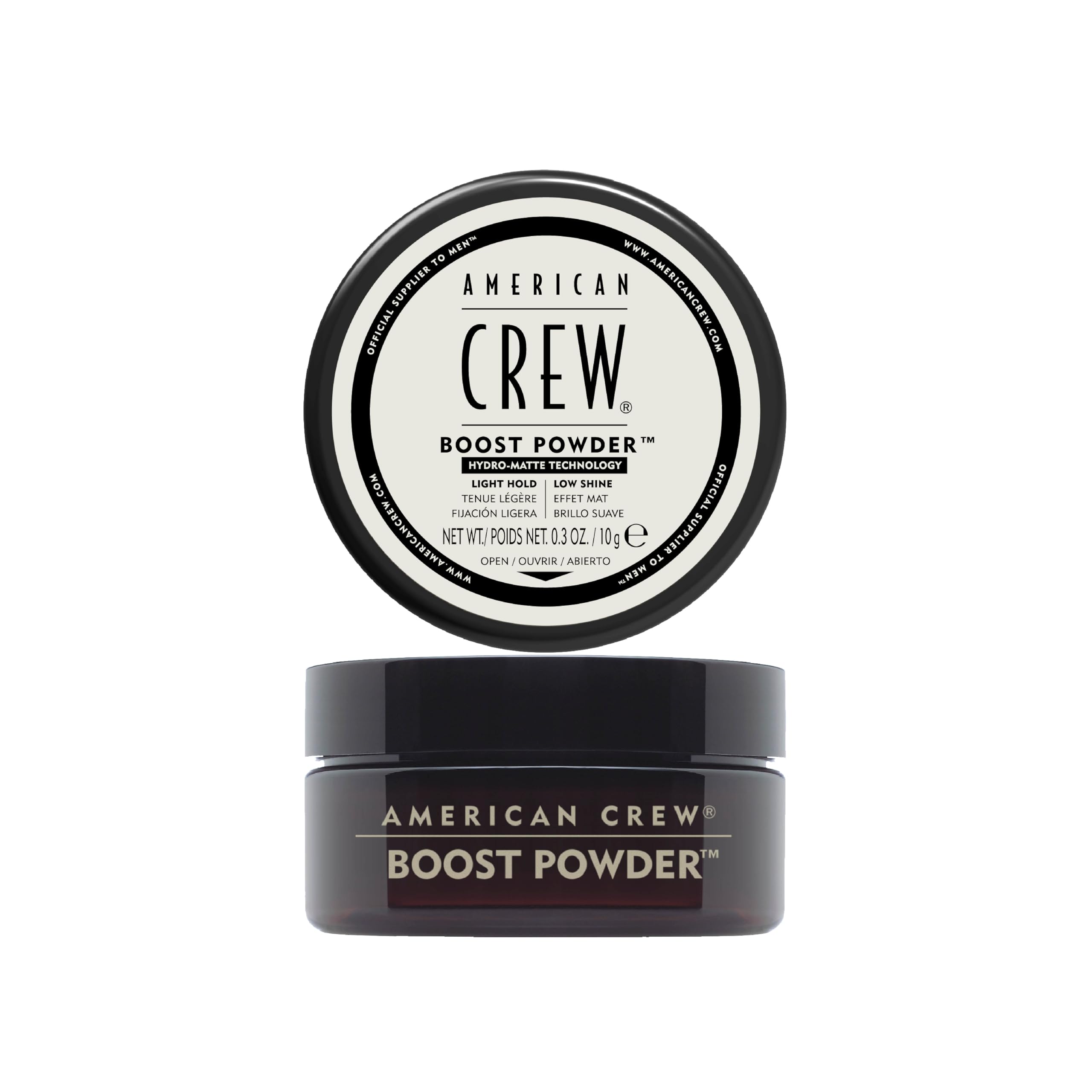 American Crew jar front view showing compact powder and portable lift benefit