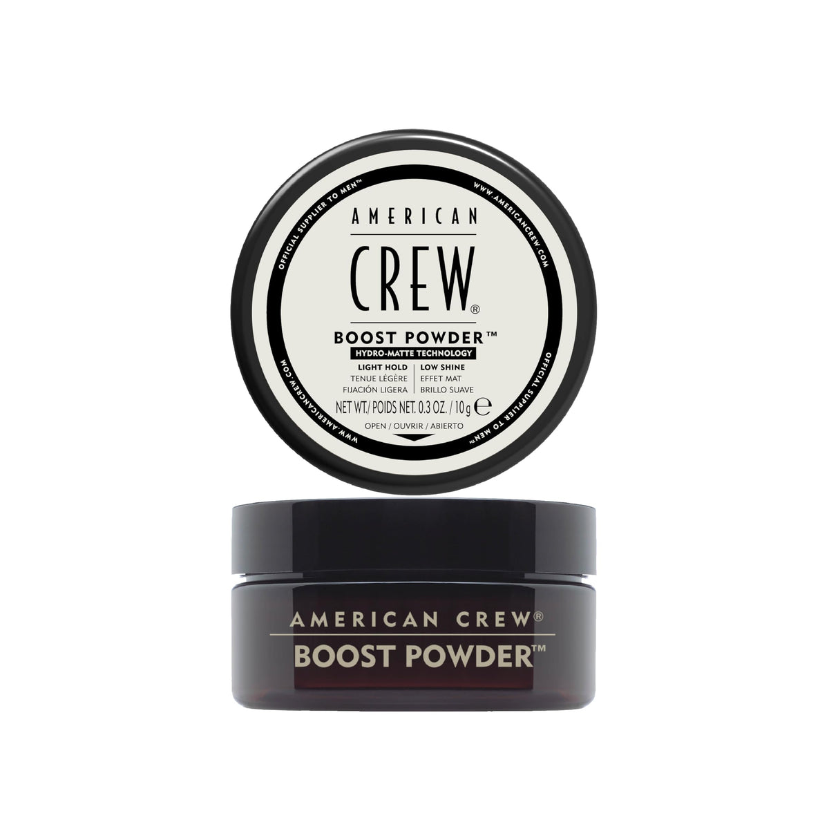 American Crew jar front view showing compact powder and portable lift benefit