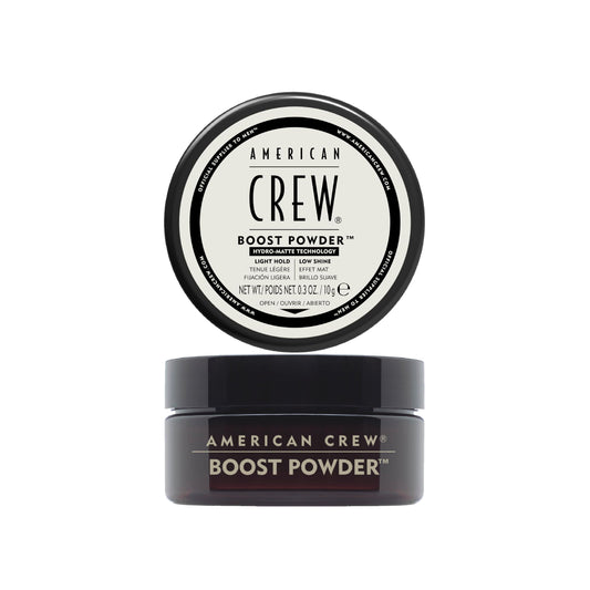 American Crew jar front view showing compact powder and portable lift benefit