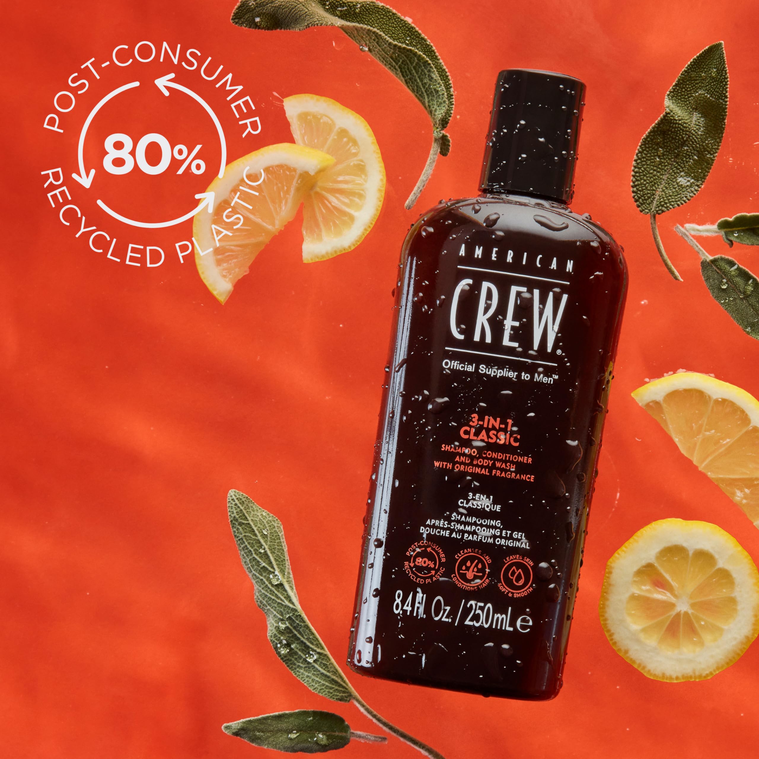 American Crew in-shower bottle in use demonstrating fast cleansing and conditioning benefit