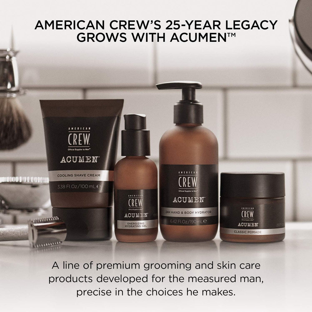 American Crew label ingredients closeup showing Acumen Complex vitamins and benefits