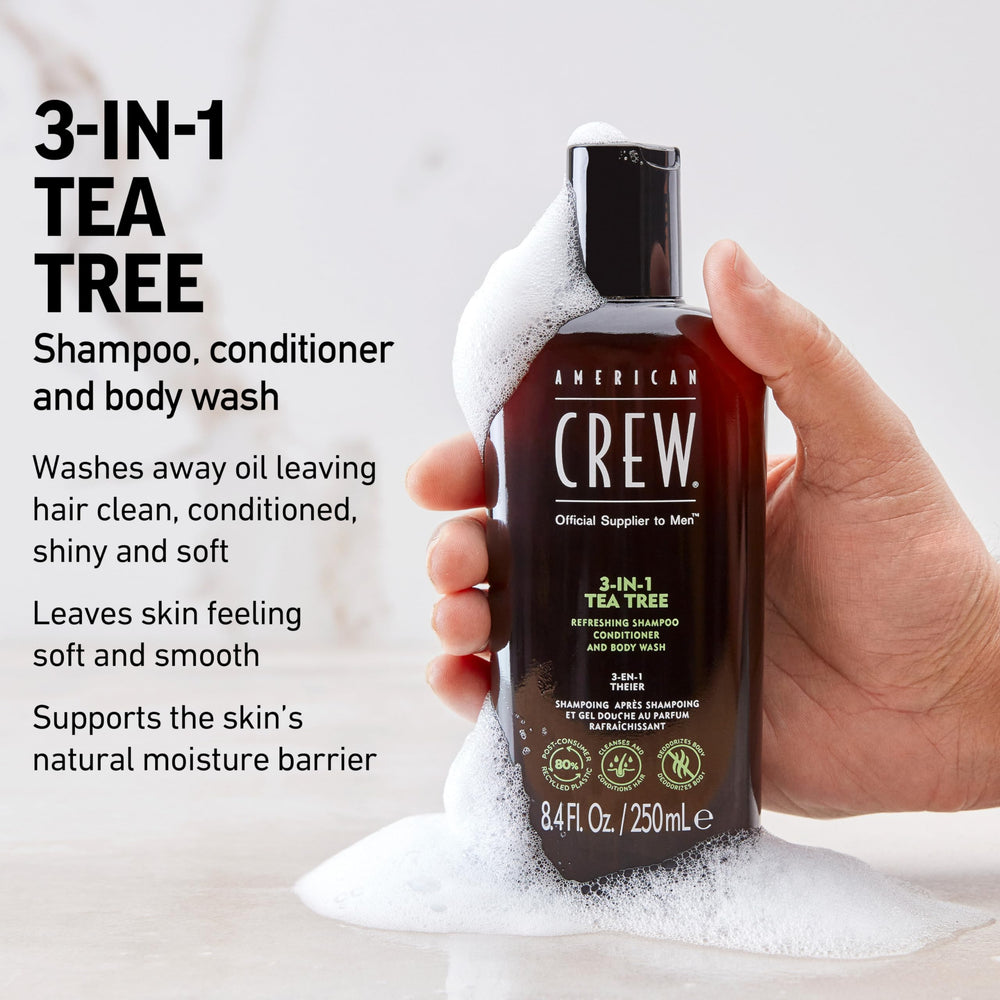American Crew lather on hair demonstrating cleansing and conditioning in one step benefit