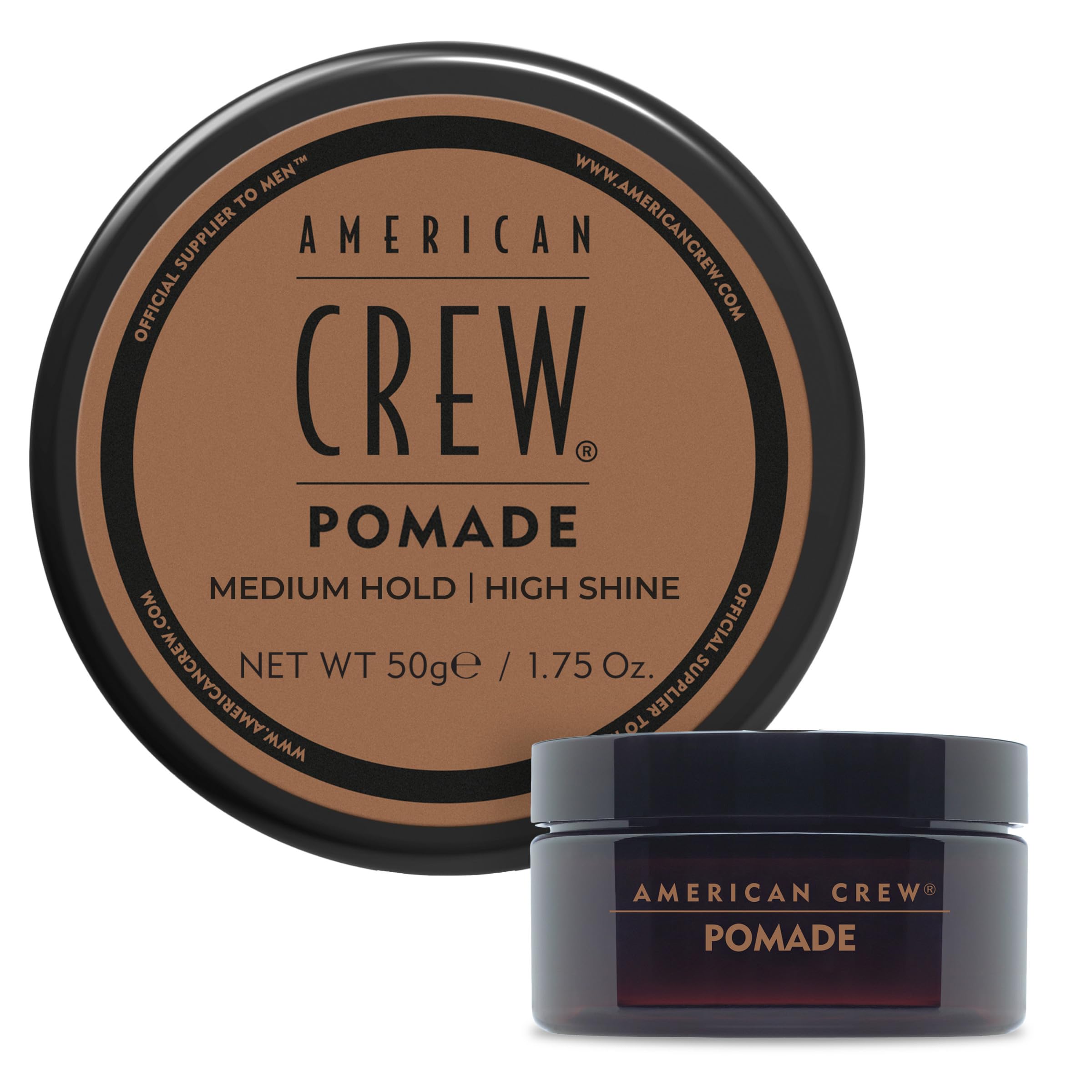 American Crew pomade jar front view shows glossy finish and easy application