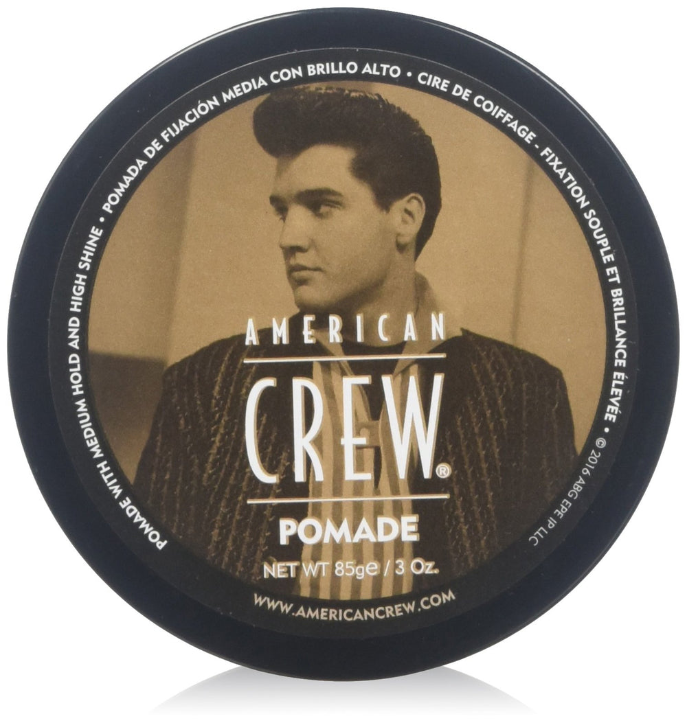 American Crew pomade front packaging showing jar and glossy finish benefit