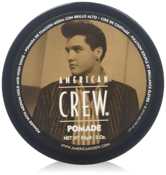 American Crew pomade front packaging showing jar and glossy finish benefit