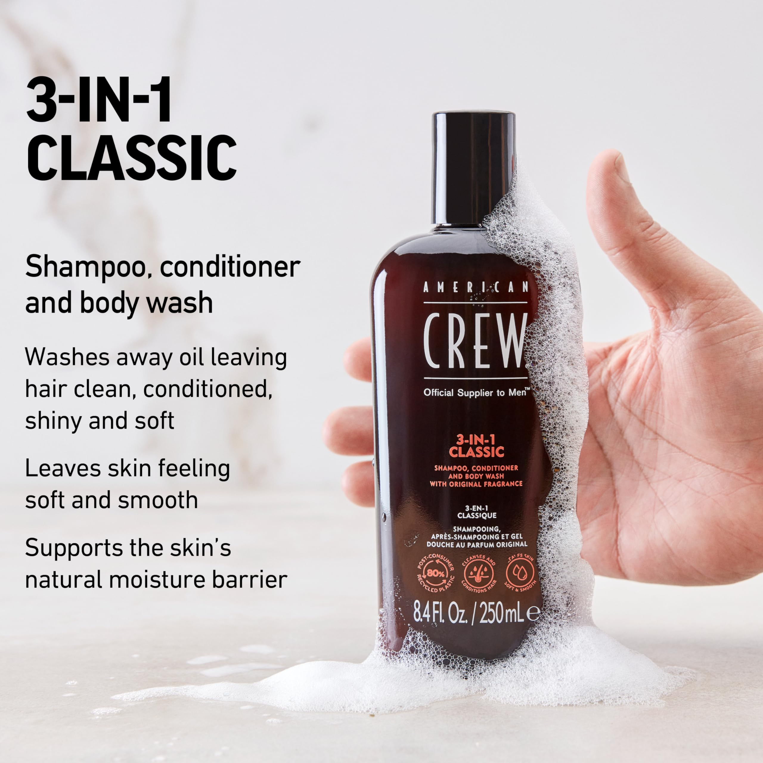 American Crew product pour texture on hand showing smooth lathering benefit